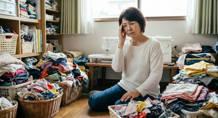 山積みになったたくさんの布を前に困った様子の中年女性