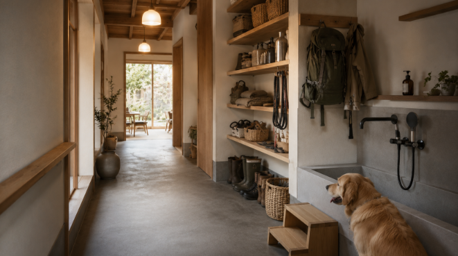 犬用グッズ収納と登山ギア収納を兼ね備えたおしゃれな通り土間の間取りイメージ