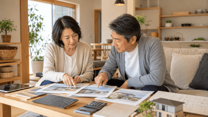 複数の住宅会社の資料と建材を比較する50代夫婦