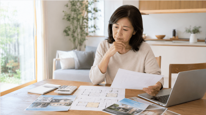 50代女性が家づくりの予算と希望条件を整理する様子