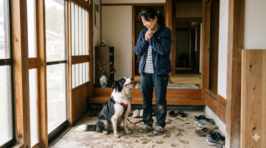 散歩帰りに足が泥だらけになった中型犬ボーダーコリーと玄関で悩む50代日本人女性のイメージ