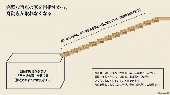 家づくりにおいては完璧を目指すのではなく、住みながら育てていくというマインドチェンジを表現した解説スライド