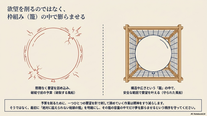 欲望を削るのではなく、枠組みの中で出来ることを明確にしその中で夢を膨らませるという解説スライド