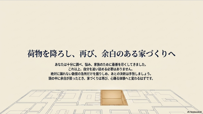 想いを詰め込み過ぎず、肩の力を抜いて気持ち新たに家づくりを楽しんでほしいという解説スライド
