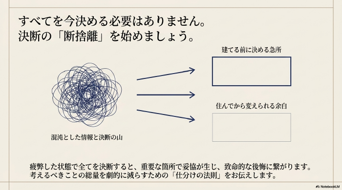 混沌とした決断の山から「建てる前に決める急所」と「住んでから変えられる余白」に仕分ける断捨離のイメージ図