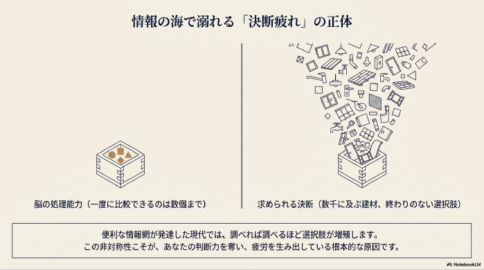 脳の限られた処理能力（一度に比較できるのは数個）と、家づくりで求められる数千に及ぶ終わりのない選択肢の非対称性による決断疲れのメカニズム図