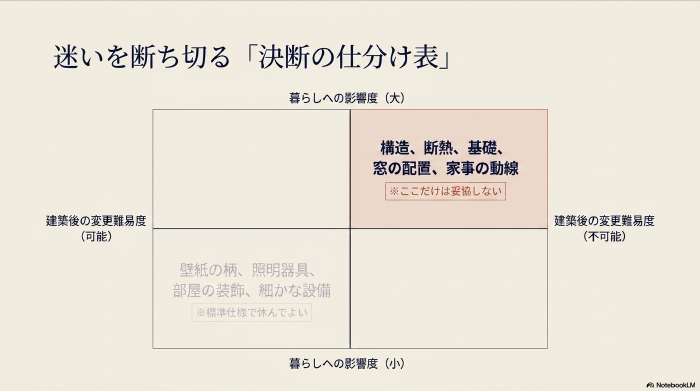 暮らしへの影響度と建築後の変更難易度を整理し、妥協してはいけない基礎・構造部分と、標準仕様で休んでよい壁紙・照明器具を分類したマトリックス図