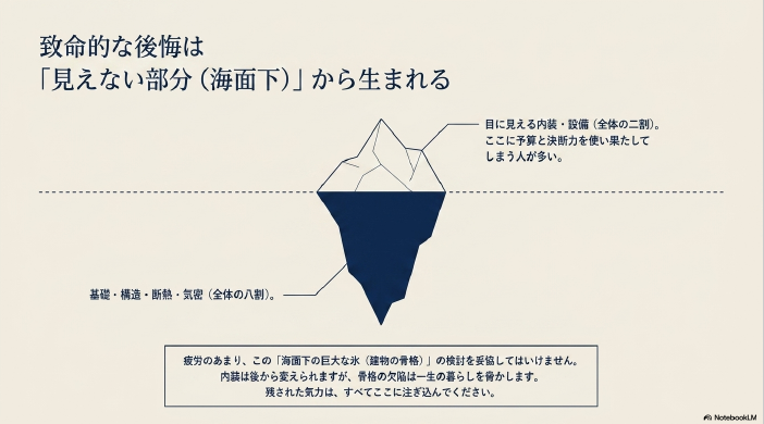全体の8割を占める目に見えない基礎・構造・断熱・気密を最優先すべき理由を示す海面下の氷山概念図スライド