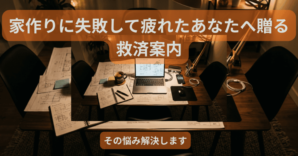 薄暗い部屋の中で設計図など家づくりに関する資料を広げ、家づくりに疲弊した人の感情を表現しています。