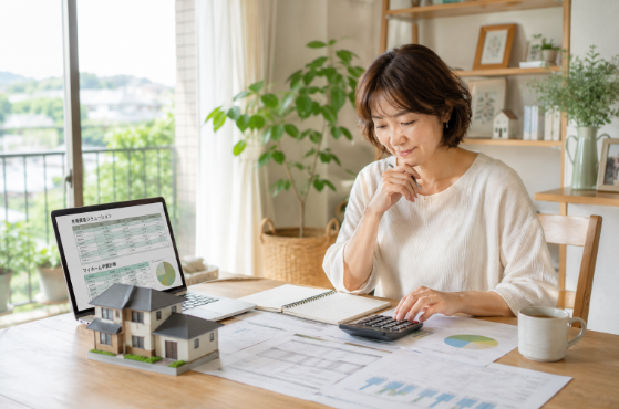 明るい部屋のテーブルで老後資金とマイホームの予算計画を冷静にシミュレーションする50代女性