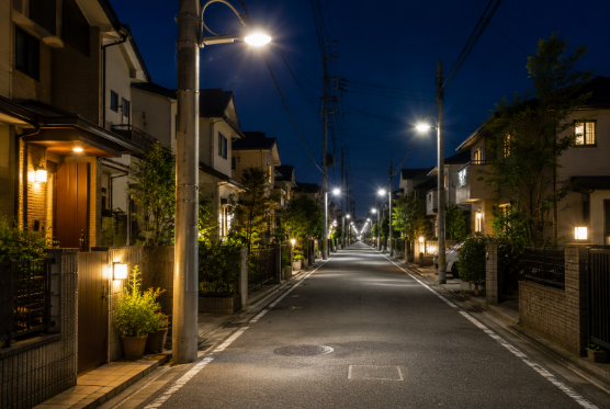女性の一人暮らしでも安心な夜間も明るい街灯が灯る利便性の高い日本の住宅街