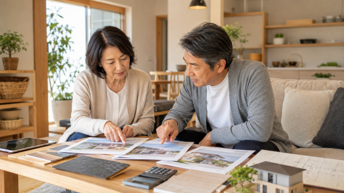 住宅写真や外壁サンプルを見ながらハウスメーカーを比較する50代夫婦
