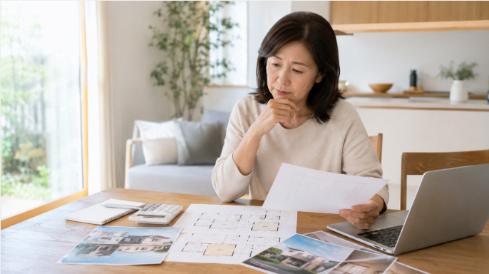 間取り図や電卓を確認しながら家づくりの予算を検討する50代女性