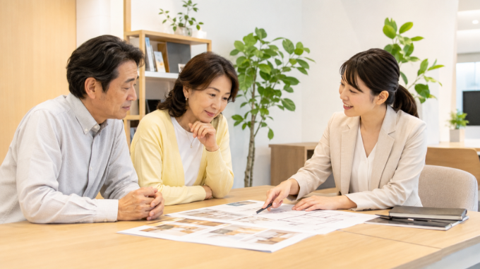住宅資料を確認しながら家づくりの無料相談を受ける50代夫婦